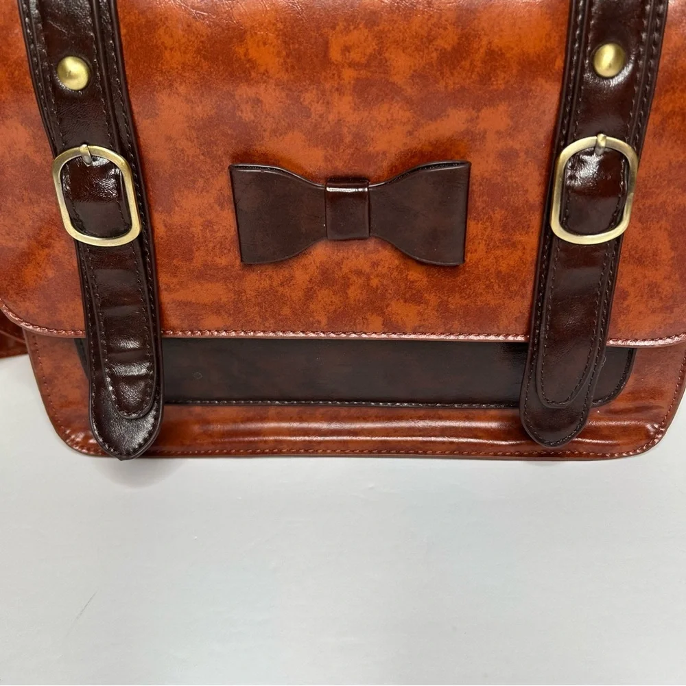 ECOSUSI Vintage Faux Leather Messenger Laptop Bag Satchel Brown with Bow 10x13
